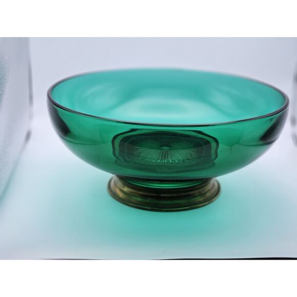 Vintage Emerald Forest Green Glass Serving Punch Bowl Brass Pedestal Base Decor - Picture 2 of 7